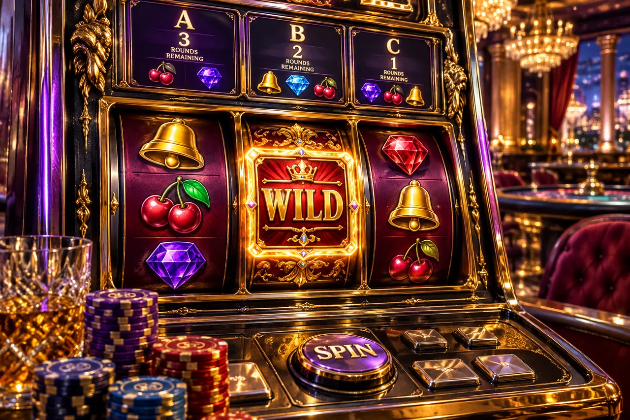 Illustrated locked Wild and start-of-round counters A: 3, B: 2 and C: 1.