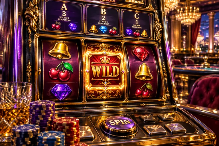 Illustrated locked Wild and start-of-round counters A: 3, B: 2 and C: 1.