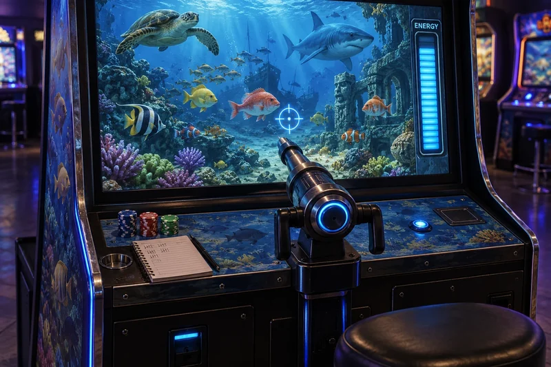 Illustrative fishing arcade screen with fish, a cannon and an energy meter.