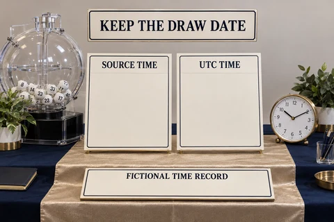 Lottery ball drum and clock with two teaching plaques labelled SOURCE TIME and UTC TIME