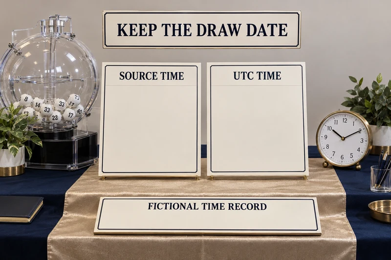 Lottery ball drum and clock with two teaching plaques labelled SOURCE TIME and UTC TIME