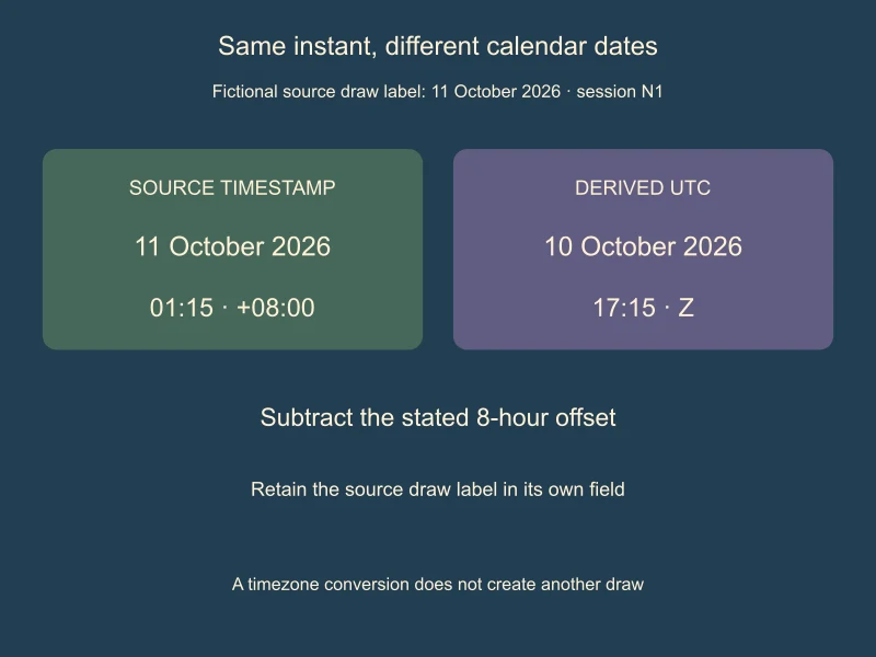 Fictional timestamp 11 October 2026 at 01:15 plus 08:00 equals 10 October 2026 at 17:15 UTC, with the source draw label retained