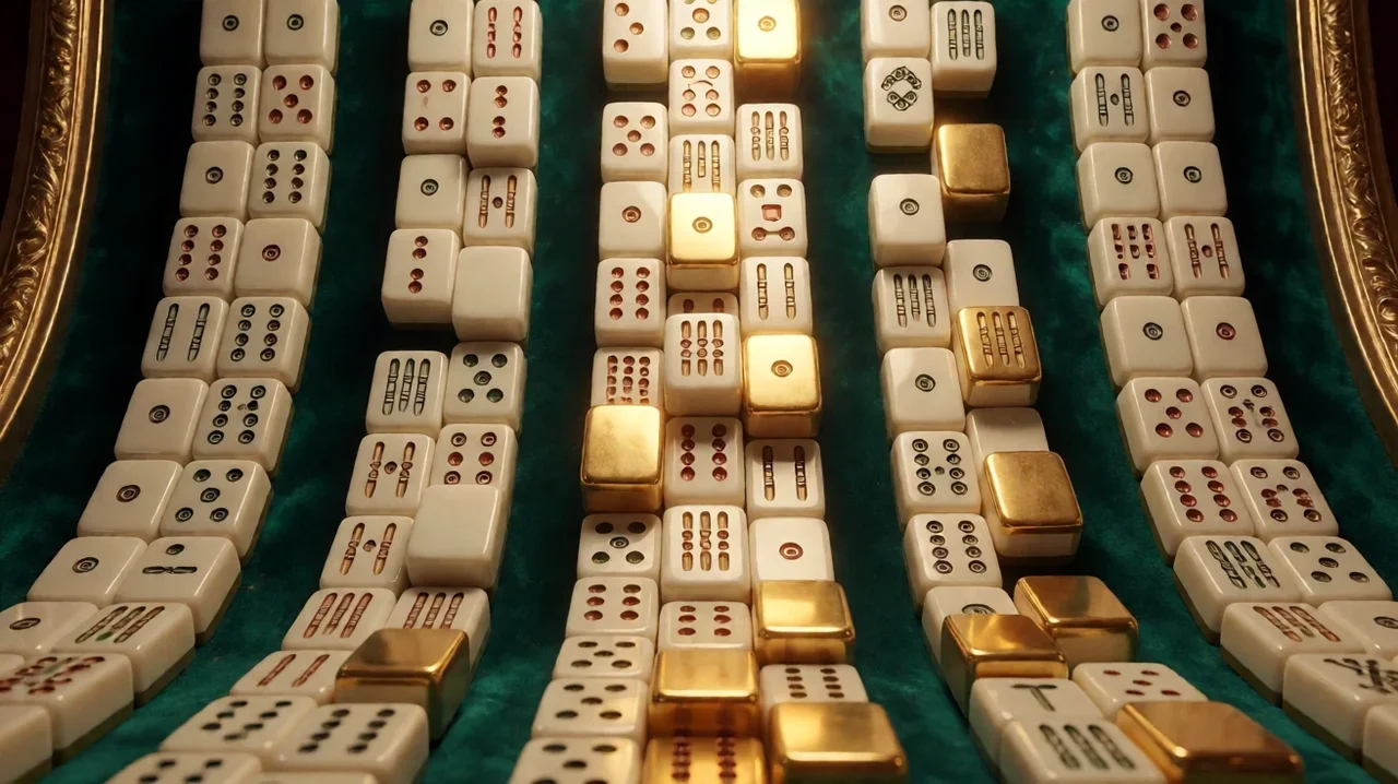 Five columns of ivory mahjong tiles with dot and bamboo patterns on green velvet, with several tiles turned solid gold