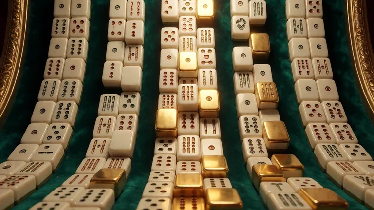 Five columns of ivory mahjong tiles with dot and bamboo patterns on green velvet, with several tiles turned solid gold