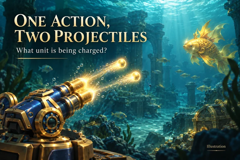 A fictional fishing arcade cannon shows two projectiles from one action.